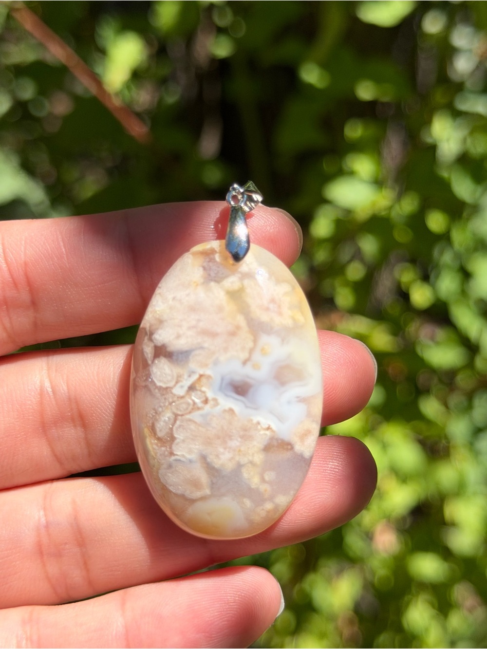 925 silver plated flower agate oval pendant 1804
